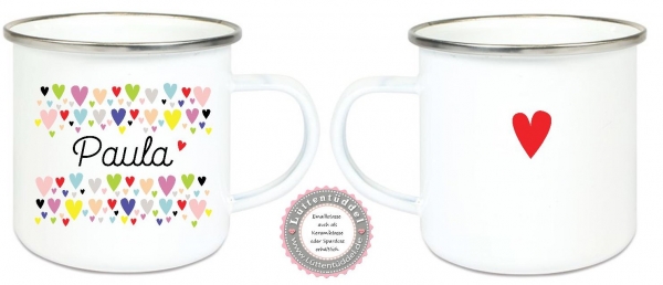 ♥ Tasse Emailletasse Becher,  Herzen, Wunschname, Einschulung KITA Dankeschön, Abschied, Geburtstag, Jubiläum, Geschenk, Becher von Lüttentüddel